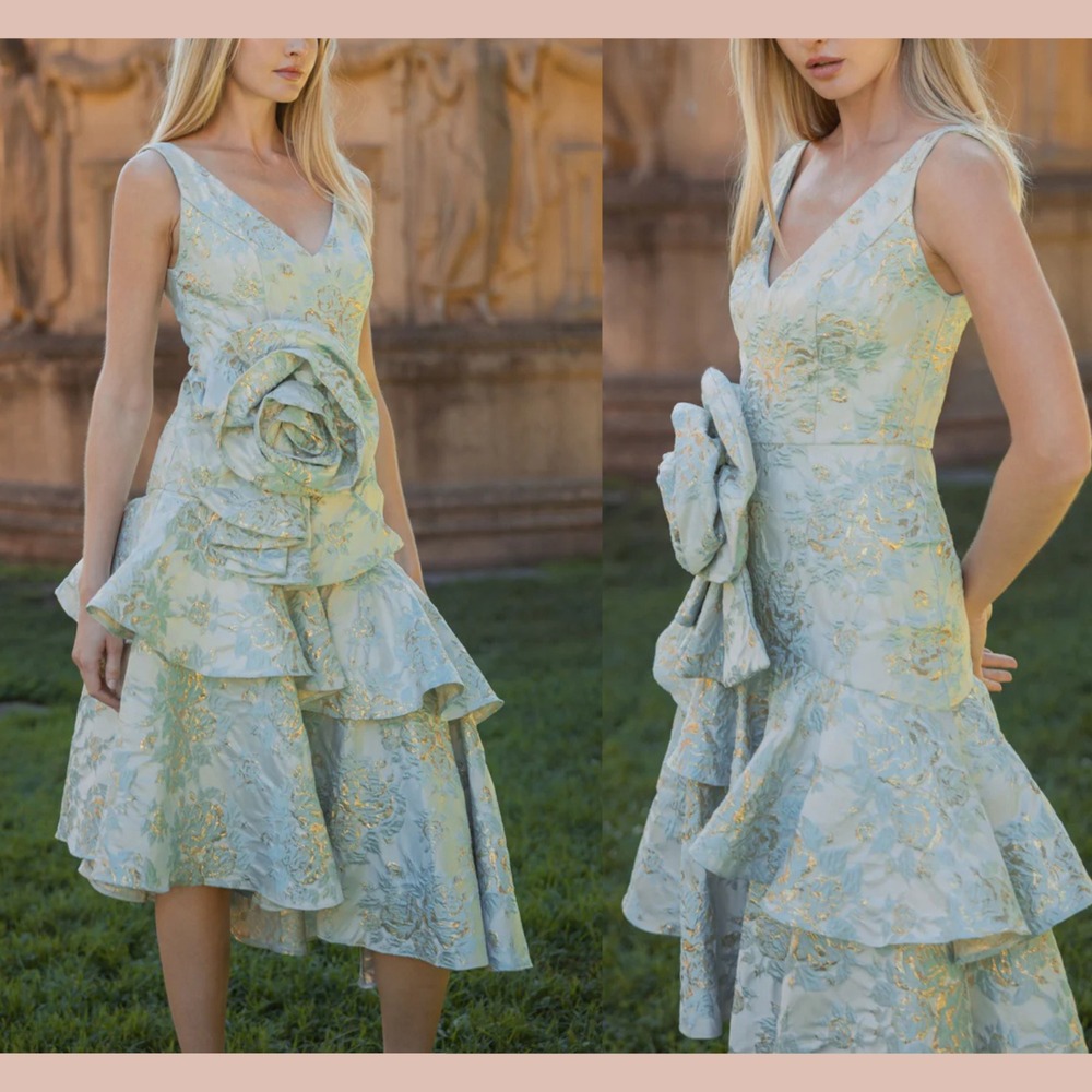 NWT Mac Duggal [ 10 ] Floral Brocade Asymmetrical‎ Hem Dress with Rosette J1627